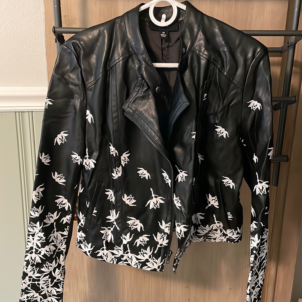Yyigal Black Leather Jacket w/ White Flower Detail